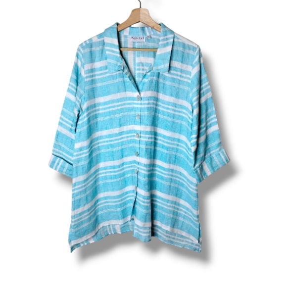 Habitat Linen Button-Front Tunic Top Size M 3/4 Sleeves Coastal Lagenlook - Picture 1 of 9